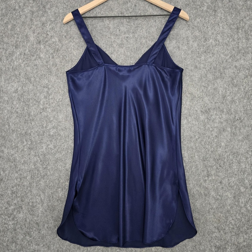 Vtg California Dynasty Nightgown Womens M Navy Satin Rose Chemise Slip Dress - Picture 2 of 13